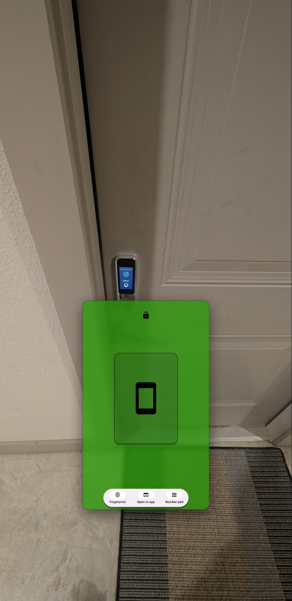 AR phone-tap unlock projected on a real door