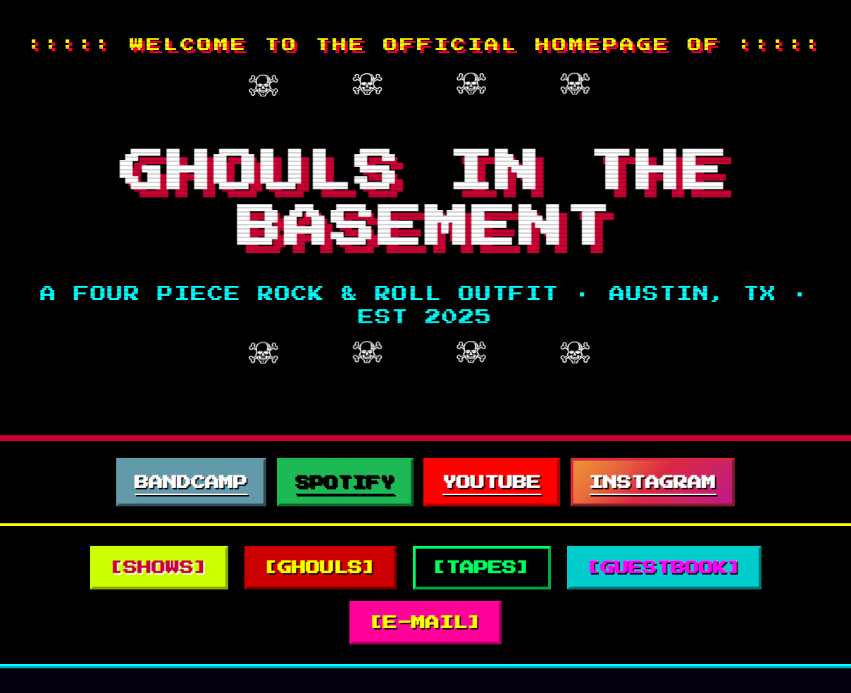 Ghouls in the Basement homepage: pixel-art masthead, social pills, and site navigation