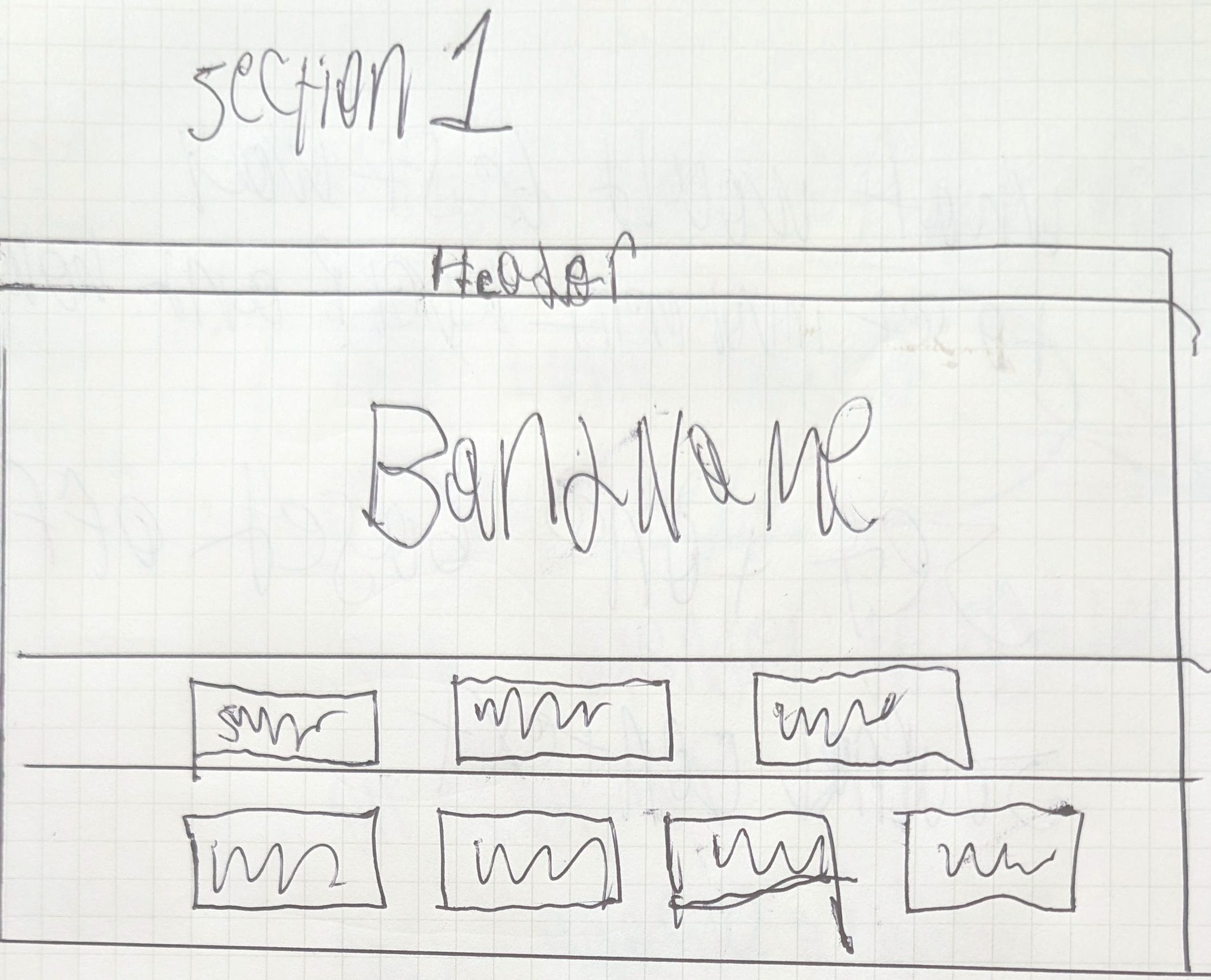 Paper wireframe, section 1: header bar, band name, and image tile grid