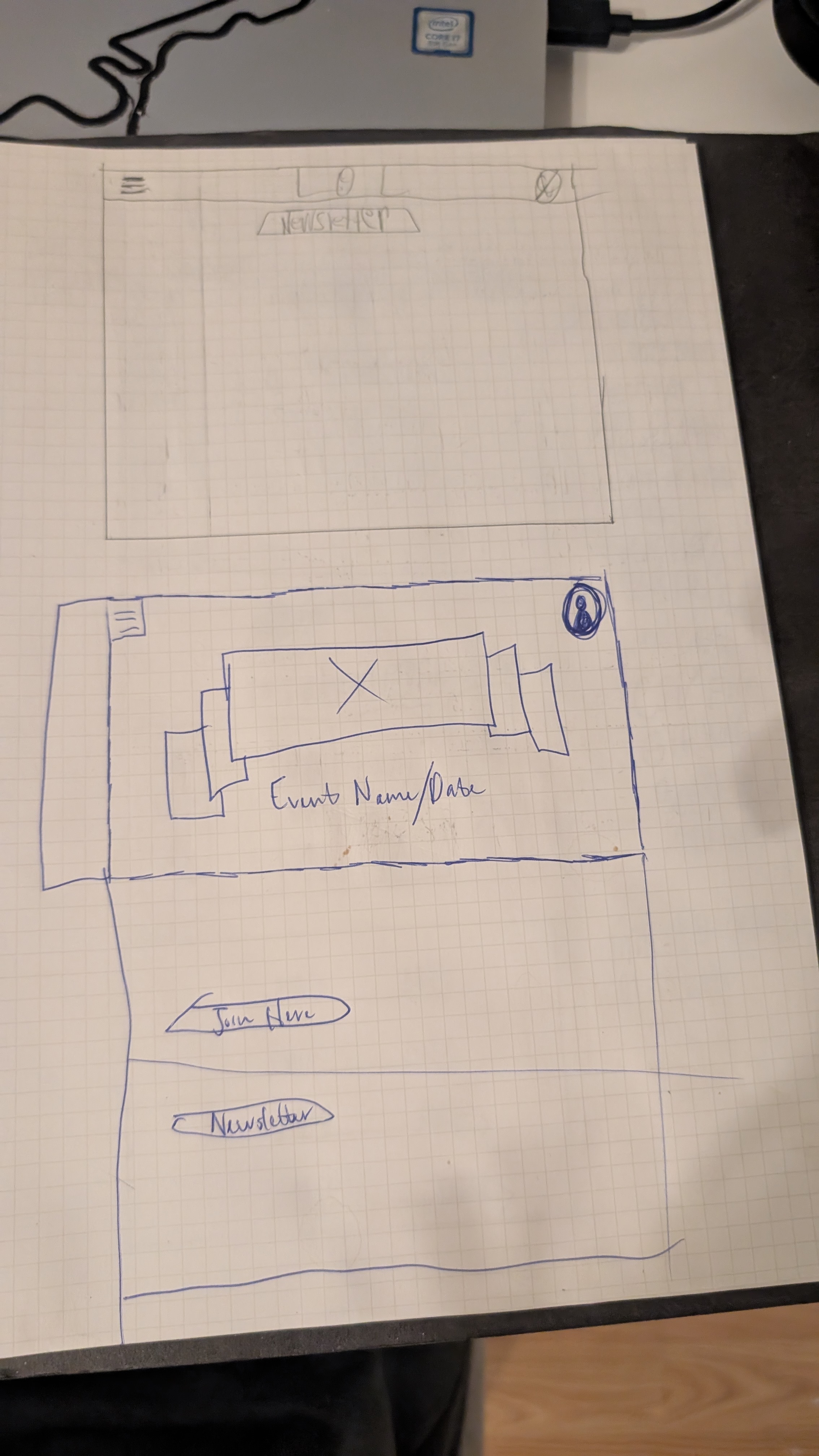 Paper wireframe of the featured event hero