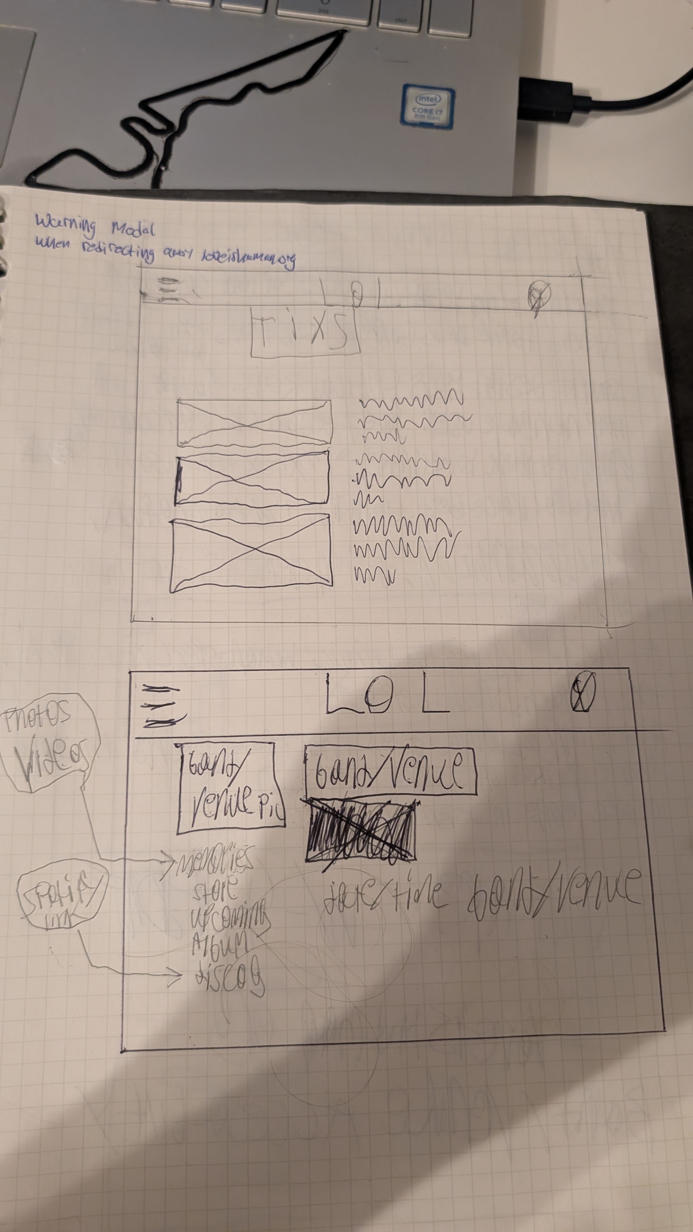 Paper wireframe of tickets page and band/venue detail