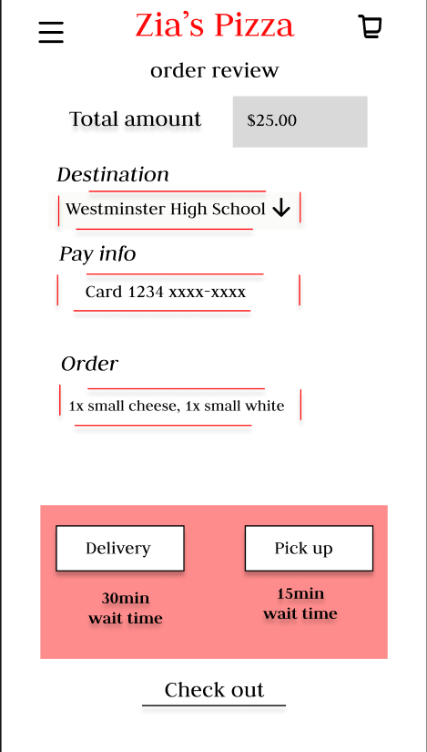 Zia Pizza — Check out screen