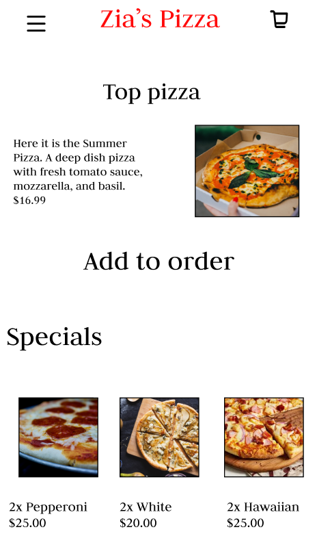 Zia Pizza — Home screen