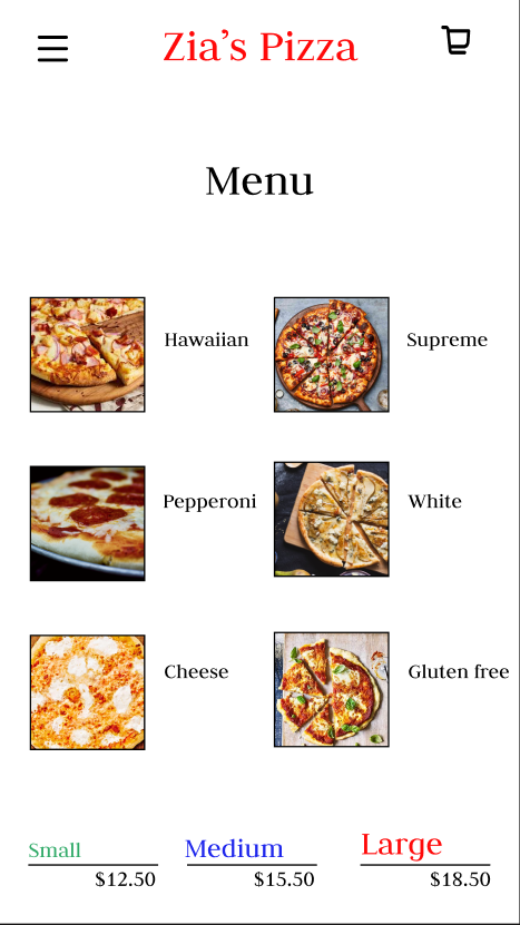 Zia Pizza — Menu screen