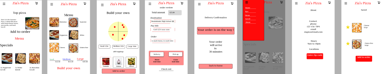 Full mockup board — all seven Zia Pizza screens