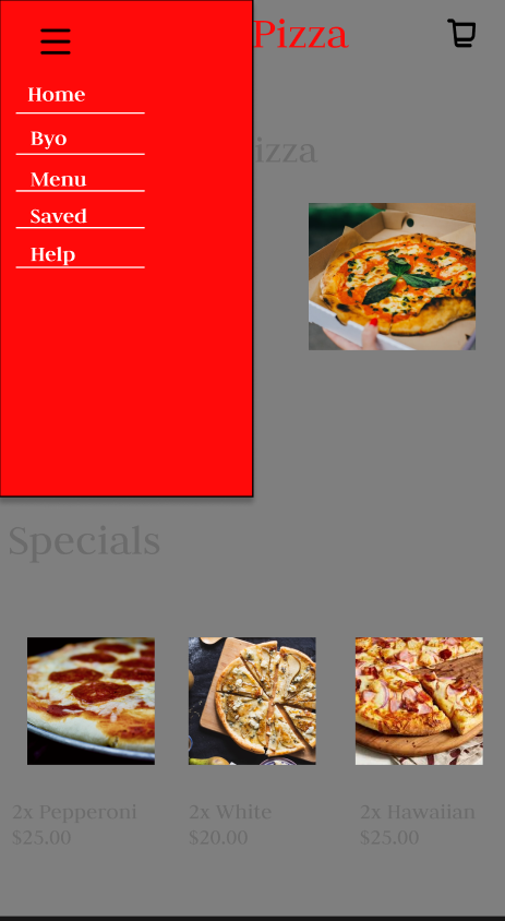 Zia Pizza — Side navigation menu