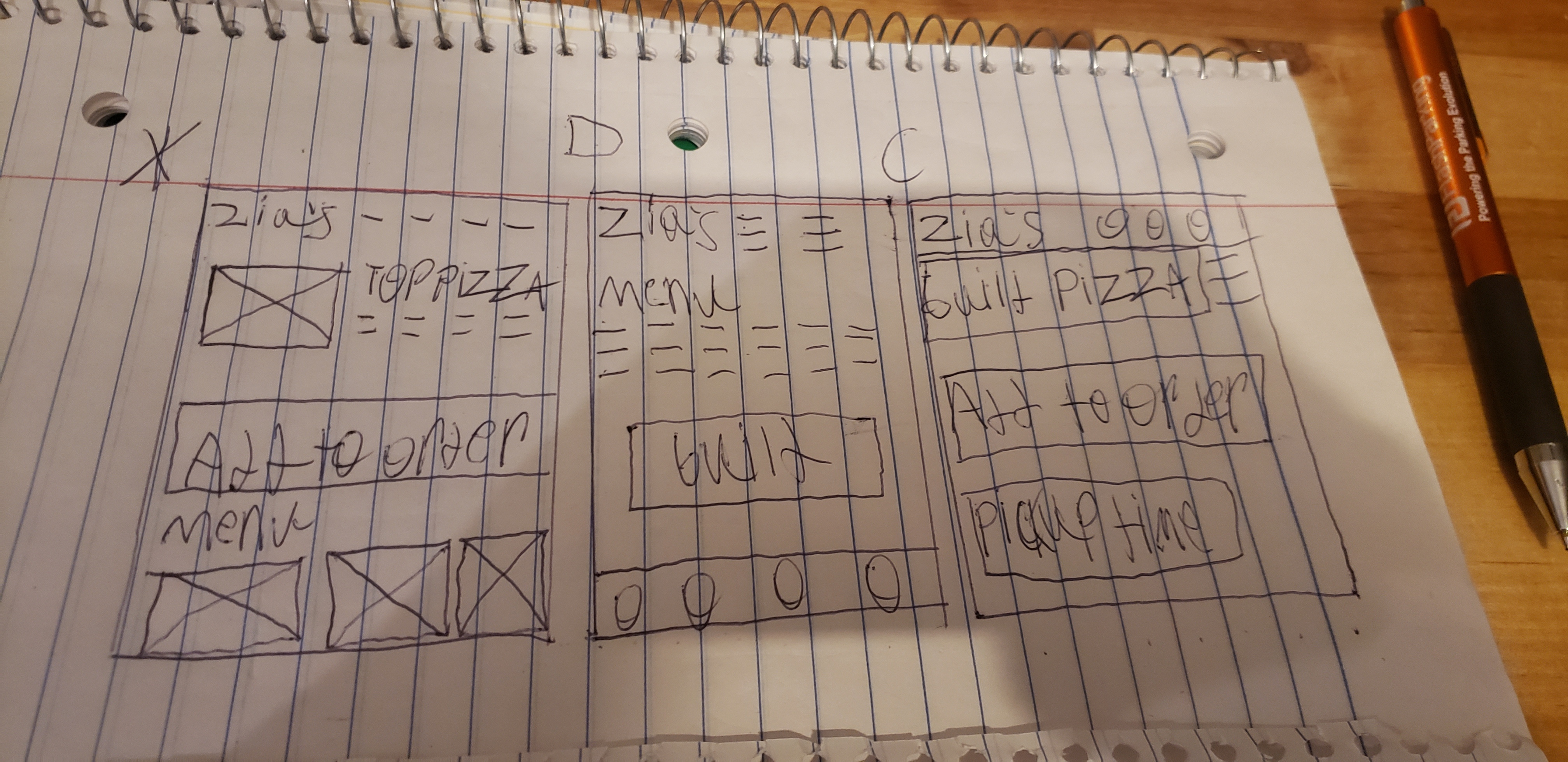 Paper wireframes — frames X, D, C exploring top-pizza, menu, and built-pizza layouts