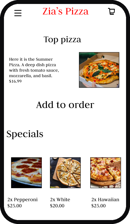 Zia Pizza app home screen